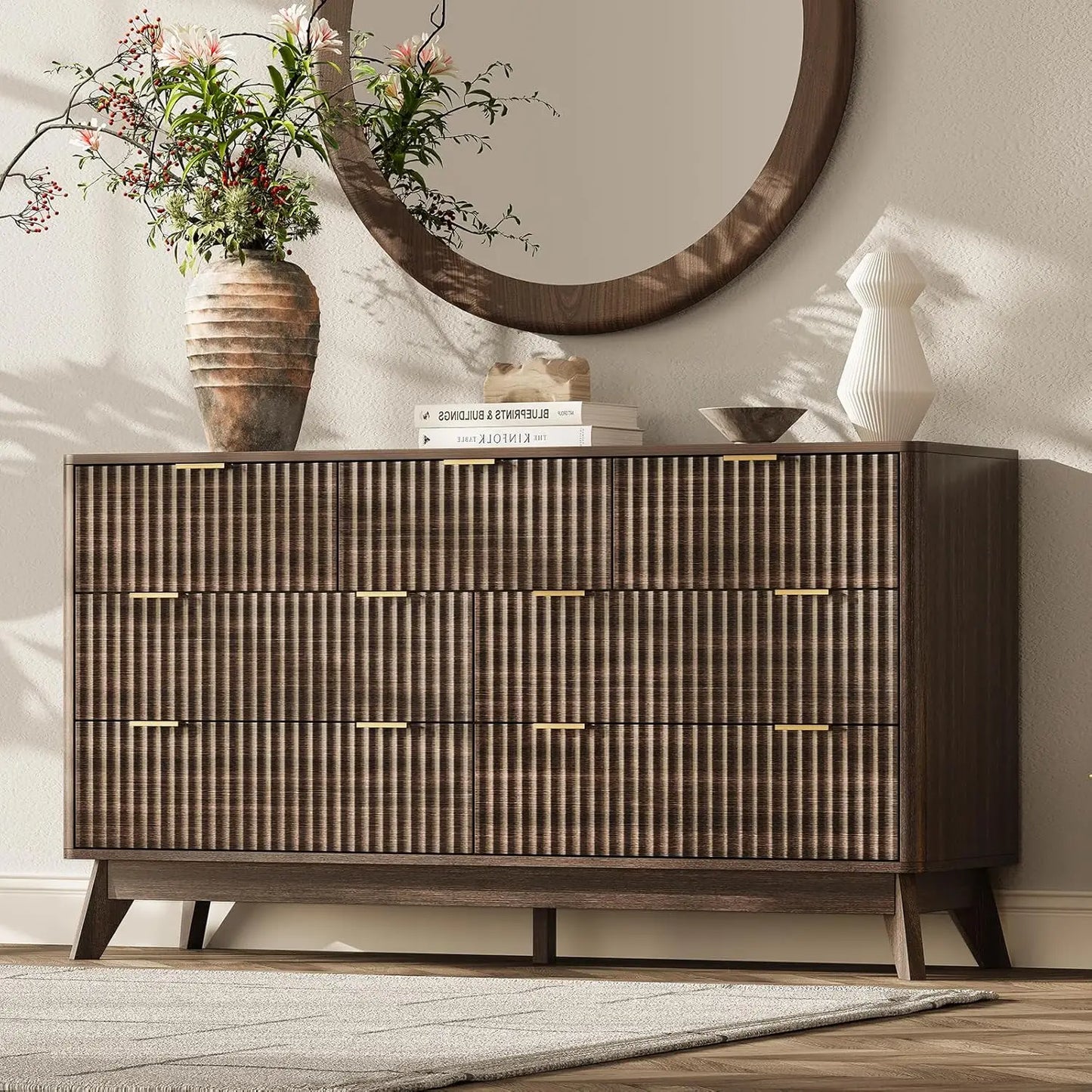 63'' Wide 9 Drawer Dresser Modern Fluted Vertical Chest Rounded Corners Bedroom Living Room Hallway Natural Wood, Customized