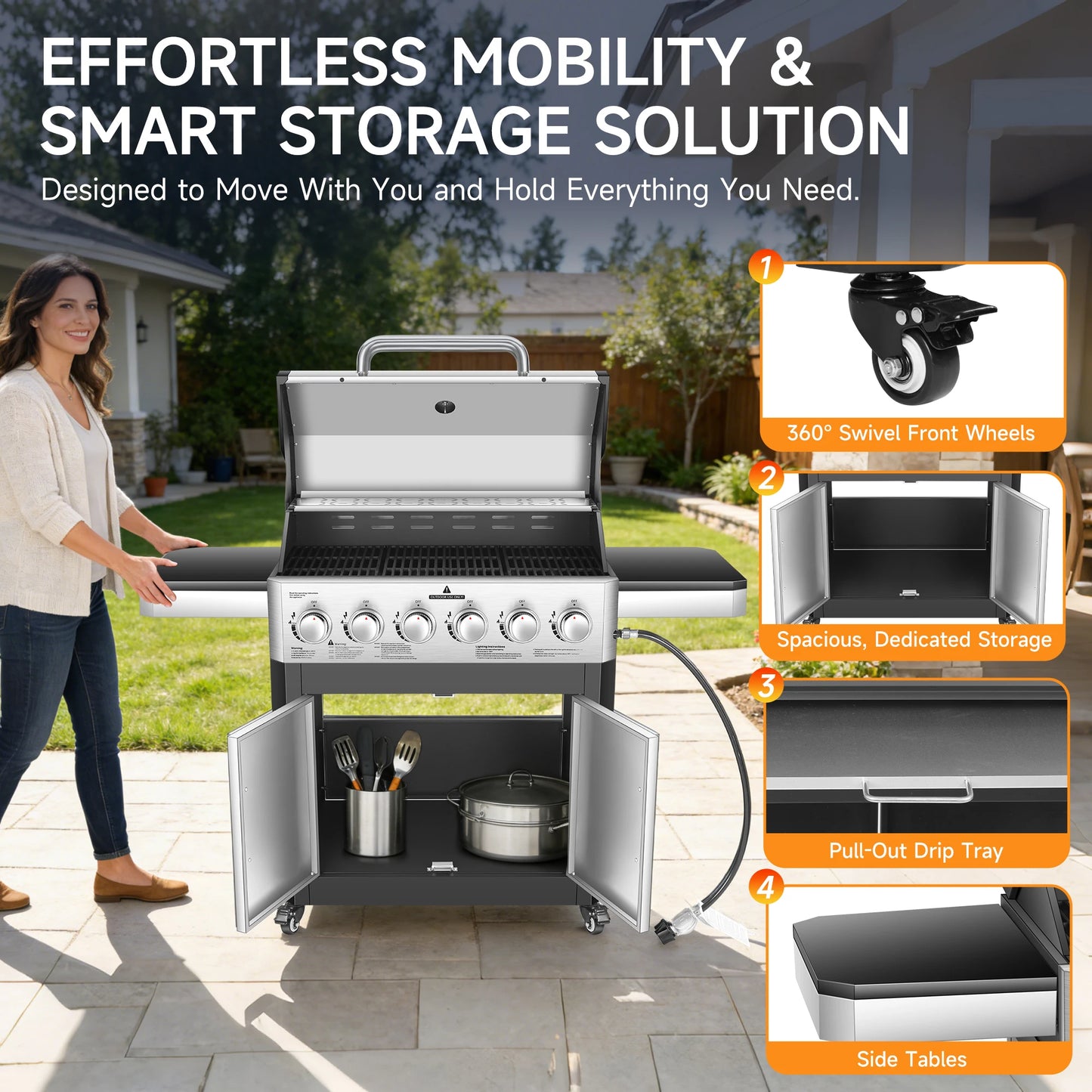 6 Burner Propane Gas Grill, 60000 BTU Cabinet Outdoor BBQ with Warming Rack, Stainless Steel Panel, Large 643 Sq In Cooking Area