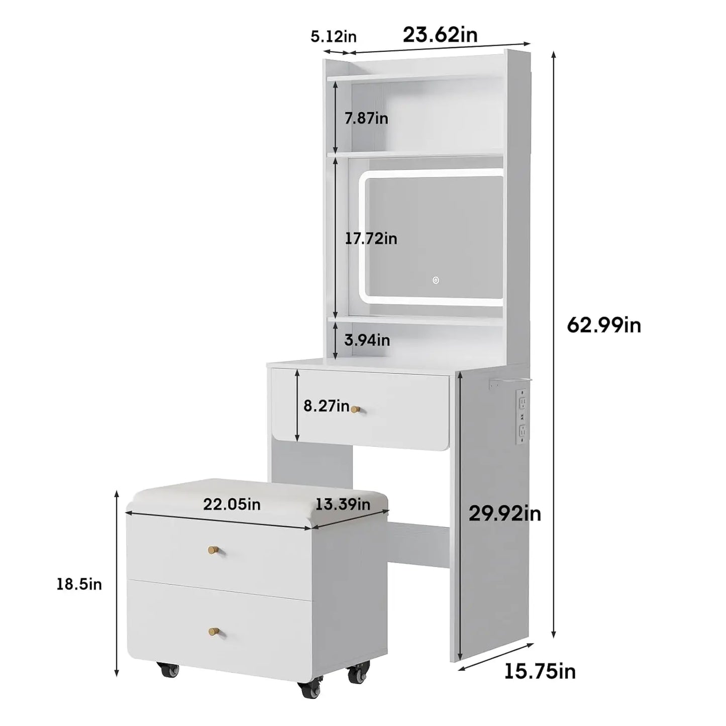 White Vanity Desk with Mirror & Lights Charging Station Small Makeup Table Bedroom, Customized
