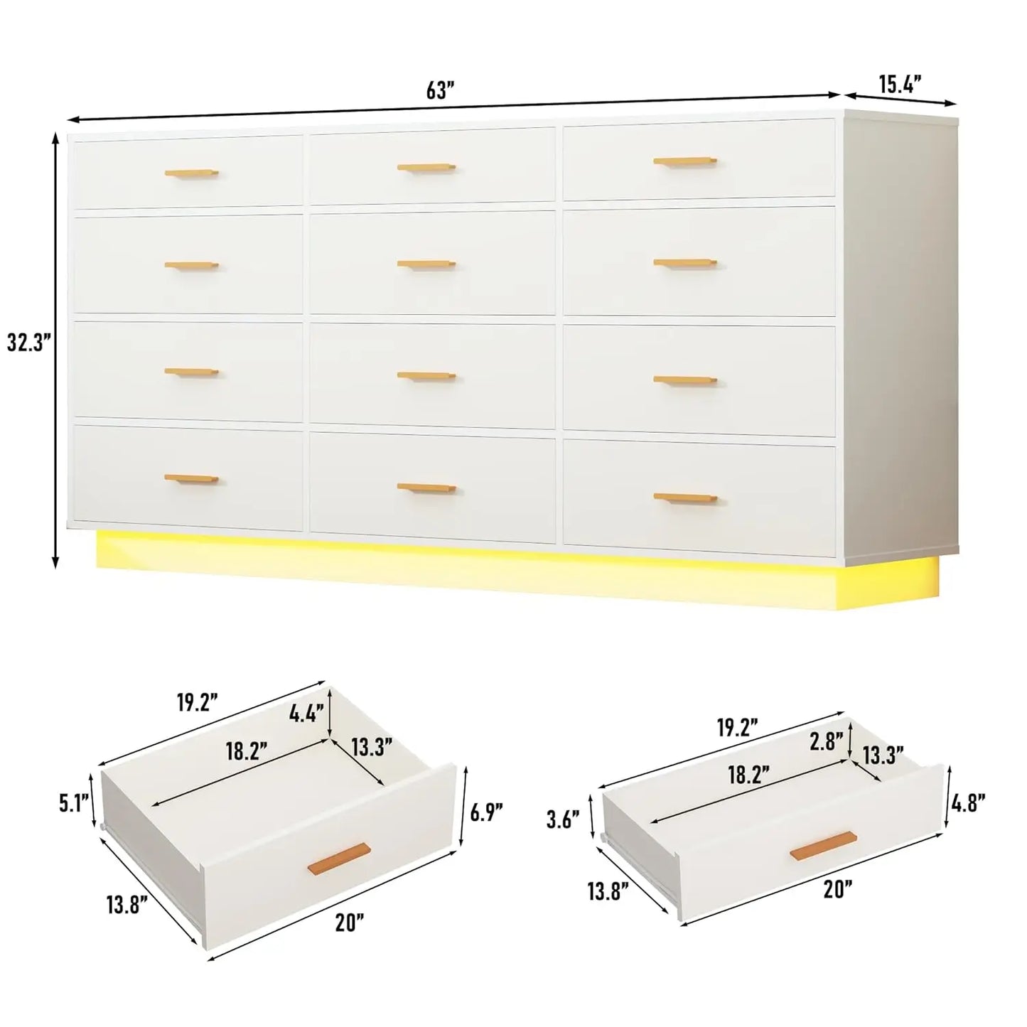 12 Drawer Dresser with Power Outlets LED Lights 63inch Tall Wood Storage for Bedroom Closet, Customized