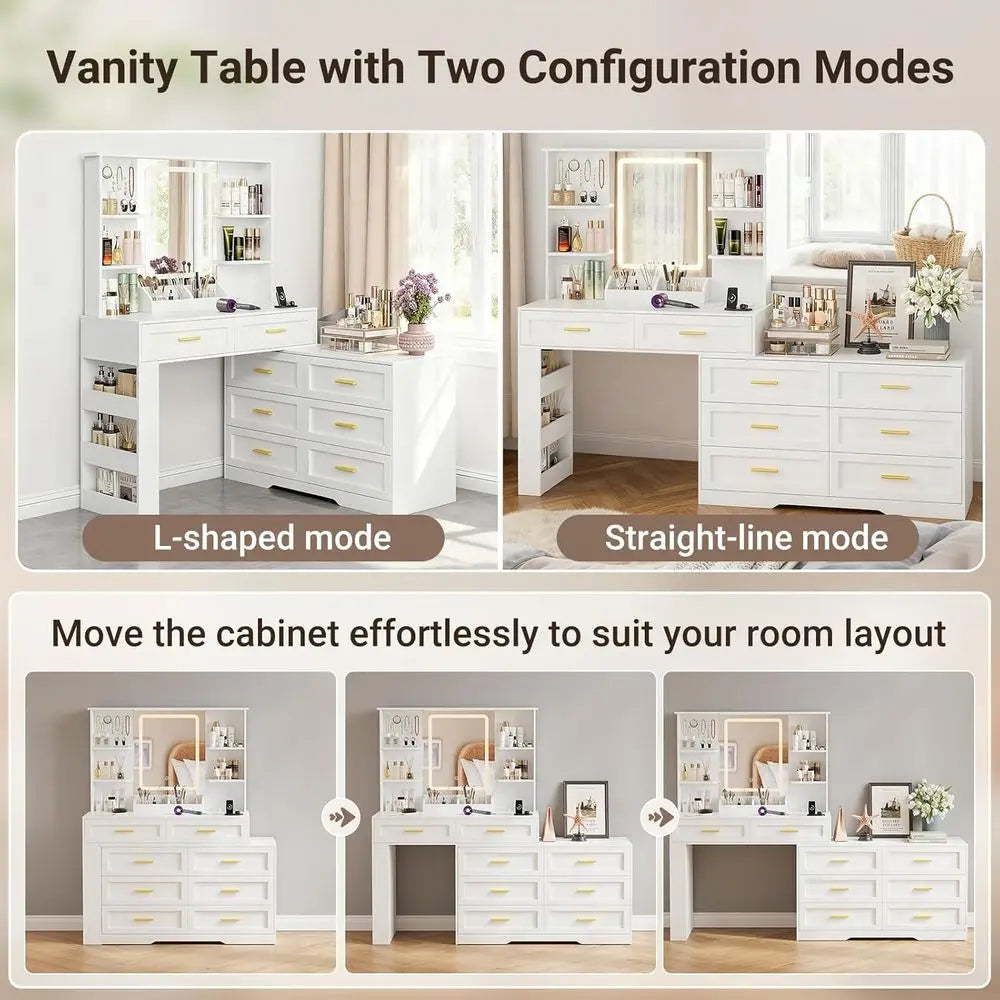 Lighted Mirror Makeup Vanity Table with Power Outlet and Storage, White