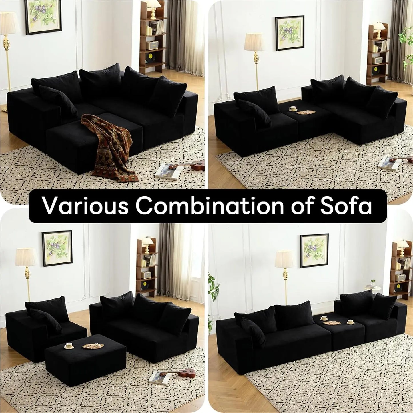 Modern L-Shaped Sectional Sofa with Deep Seat, No Assembly Required, Black - Perfect for Living Room, Bedroom, Office