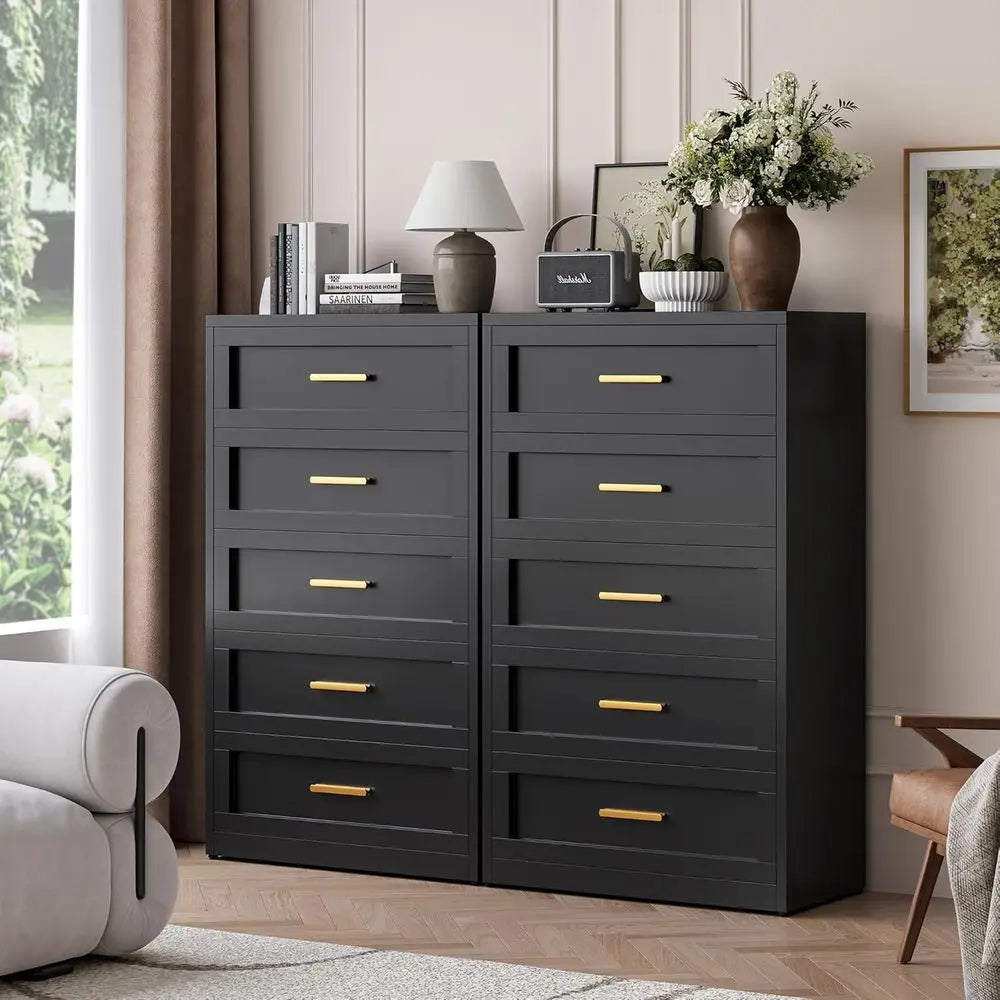 5-Drawer Metal Dresser or Bedroom, Tall Black and Gold Dresser or Closet, Metal Chest of Drawers or Living Room, Hallway, Office