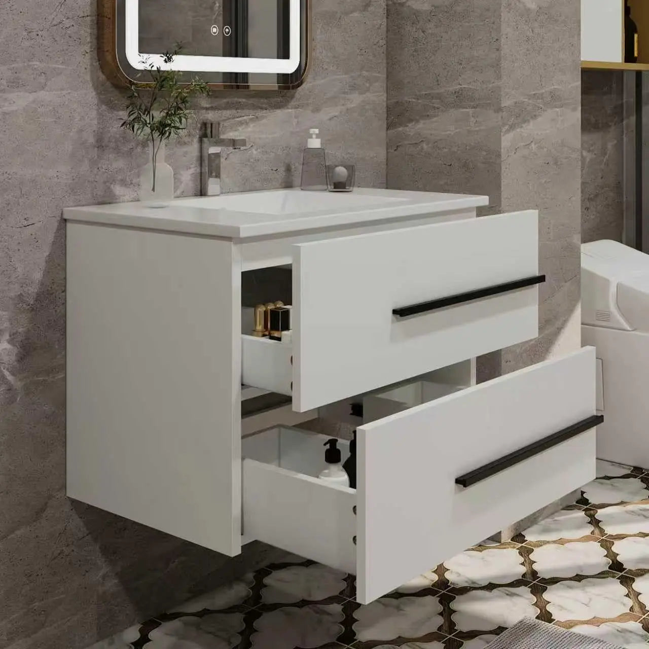 30 Inch Floating Bathroom Vanity - White Modern Wall Mounted Vanity with Sink, Soft-Close Two Drawers, Black, Customized