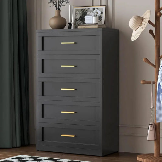 5-Drawer Metal Dresser or Bedroom, Tall Black and Gold Dresser or Closet, Metal Chest of Drawers or Living Room, Hallway, Office
