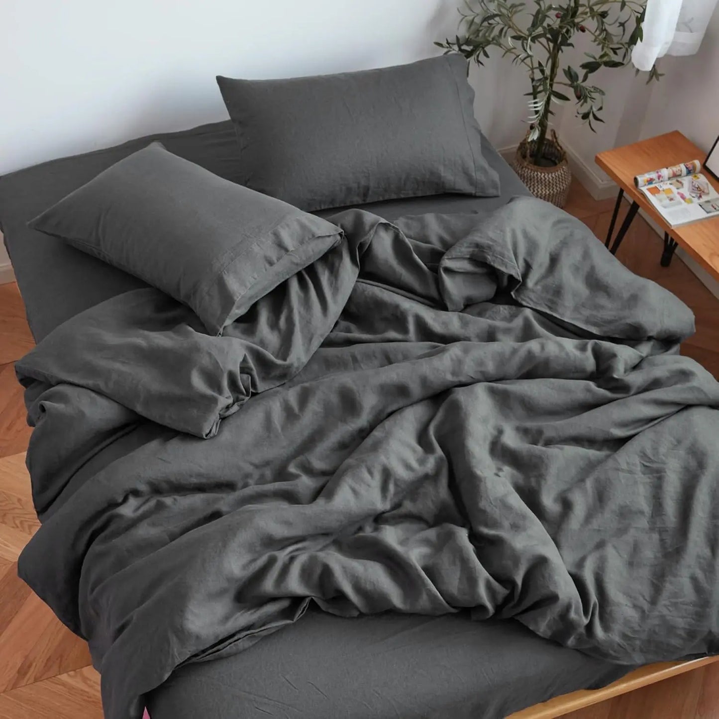 Stone Washed Organic French Linen Bed Sheet Set, GOTS Certified Organic, Best Cooling Linen Sheet Award by Sleep Foundation, 4 P