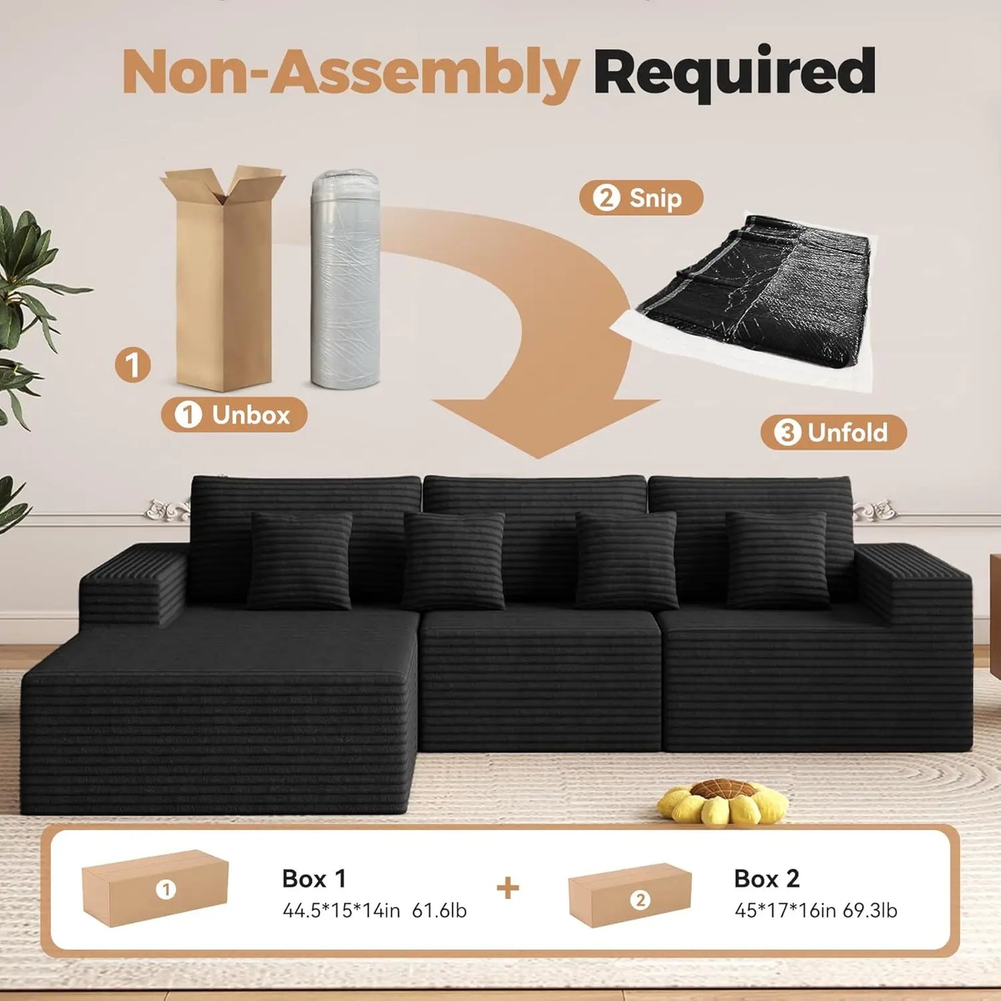 111‘’ Modular Sectional Cloud Couches with L Shaped Chaise, Upholstered Deep Seat Boneless Sofa for Living Room,, Customized