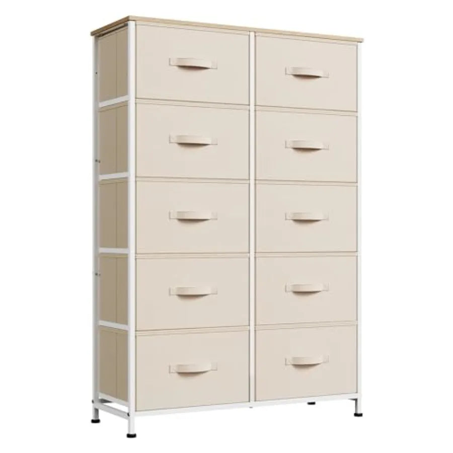 Tall Dresser for Bedroom with 10 Drawers, Fabric Dresser for Closet, Storage Tower with Cabinet, Metal Frame