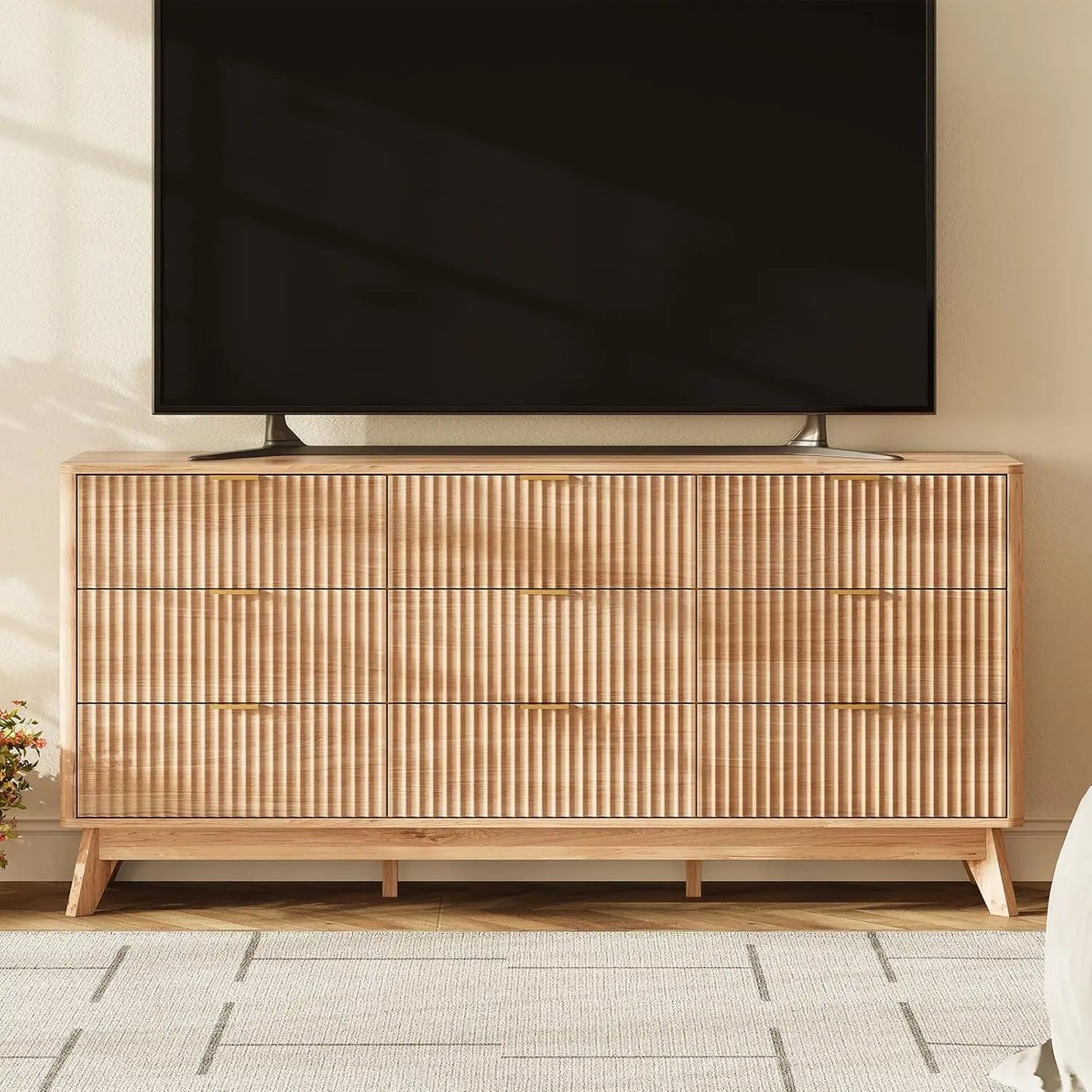 63'' Wide 9 Drawer Dresser Modern Fluted Vertical Chest Rounded Corners Bedroom Living Room Hallway Natural Wood, Customized