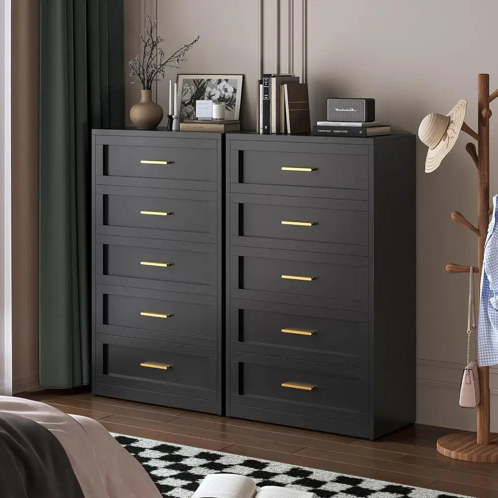 5-Drawer Metal Dresser or Bedroom, Tall Black and Gold Dresser or Closet, Metal Chest of Drawers or Living Room, Hallway, Office