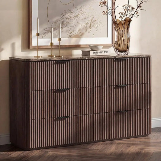 for Bedroom with 6 Drawers, 54W Chest of Drawers, Fluted Dresser with Faux Marble Top, Curved Profile Design, Metal Handle, Woo
