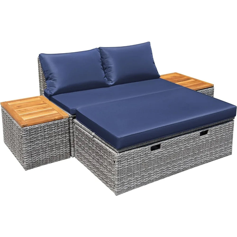 Guangbai Patio Day Bed Set Outdoor Rattan Lounge With Tables