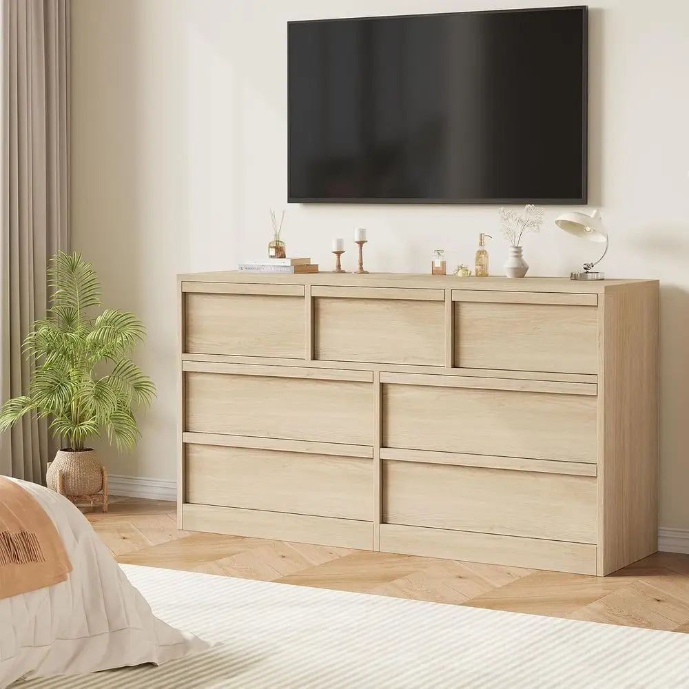 7 Drawer Dresser for Bedroom, 54in Wide Natural Oak 7 Chest of Drawers with Large Storage, Wooden Dresser Organizer for Living R