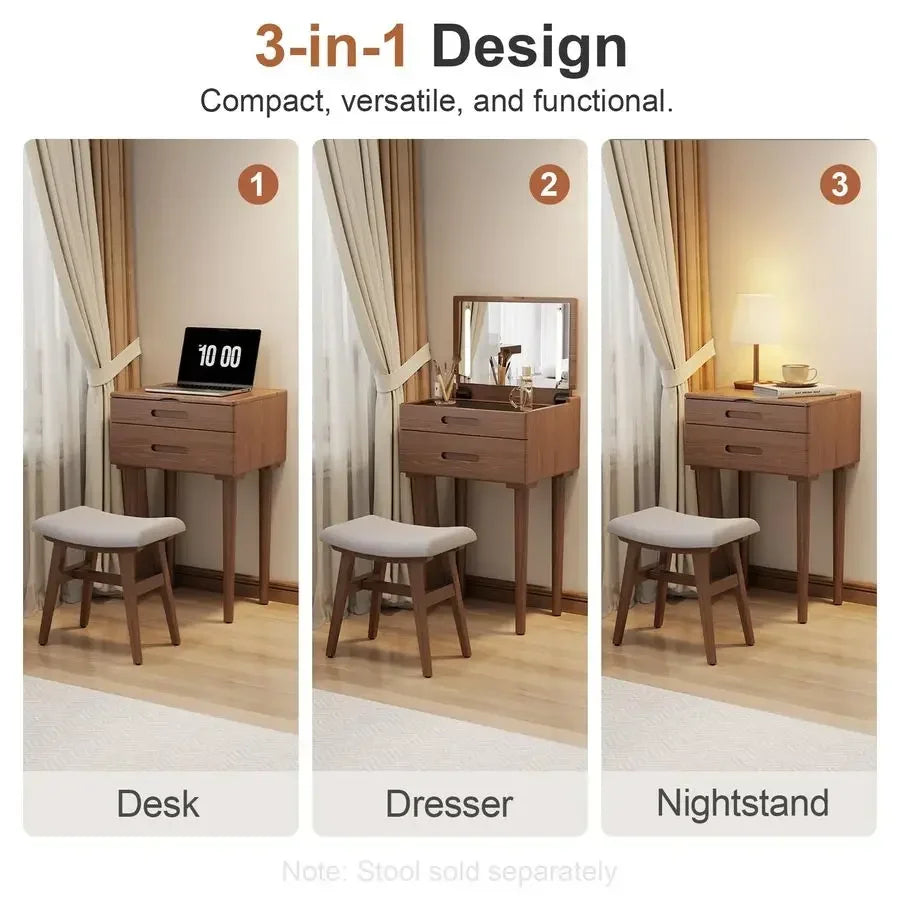 Wood Small Vanity Desk with Mirror and Lights, Narrow Makeup Vanity for Small Space, Flip Top Vanity Side Table, 3 Color Modes