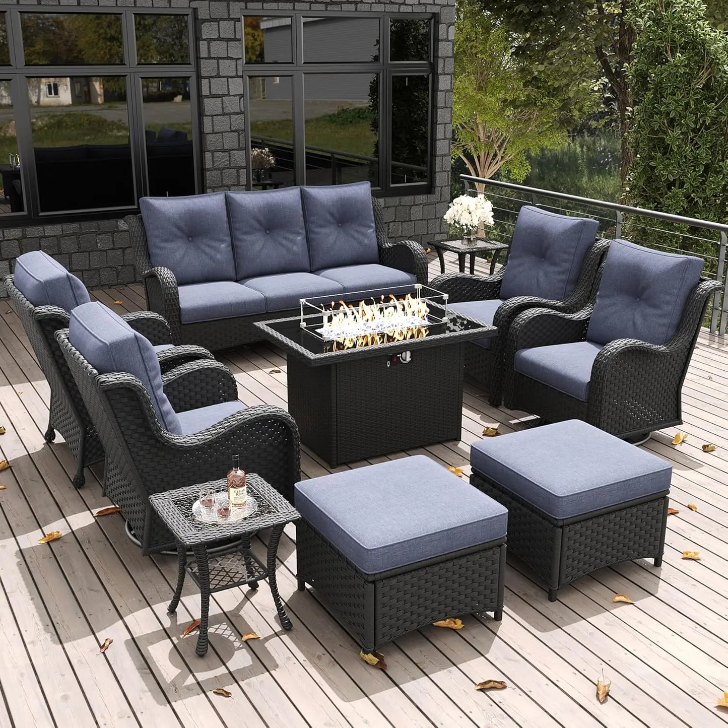 10 Pieces Outdoor Patio Furniture Set with Fire Pit Table, Rattan Wicker Sectional Swivel Rocker Chairs Sets with, Customized