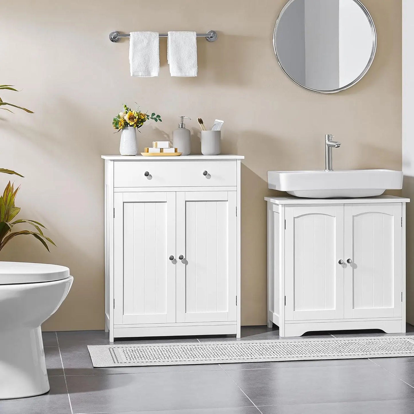 Bathroom Storage Cabinet with Drawer and Doors, White Wooden Floor Cabinet for Living Room, Entryway, Small Spaces