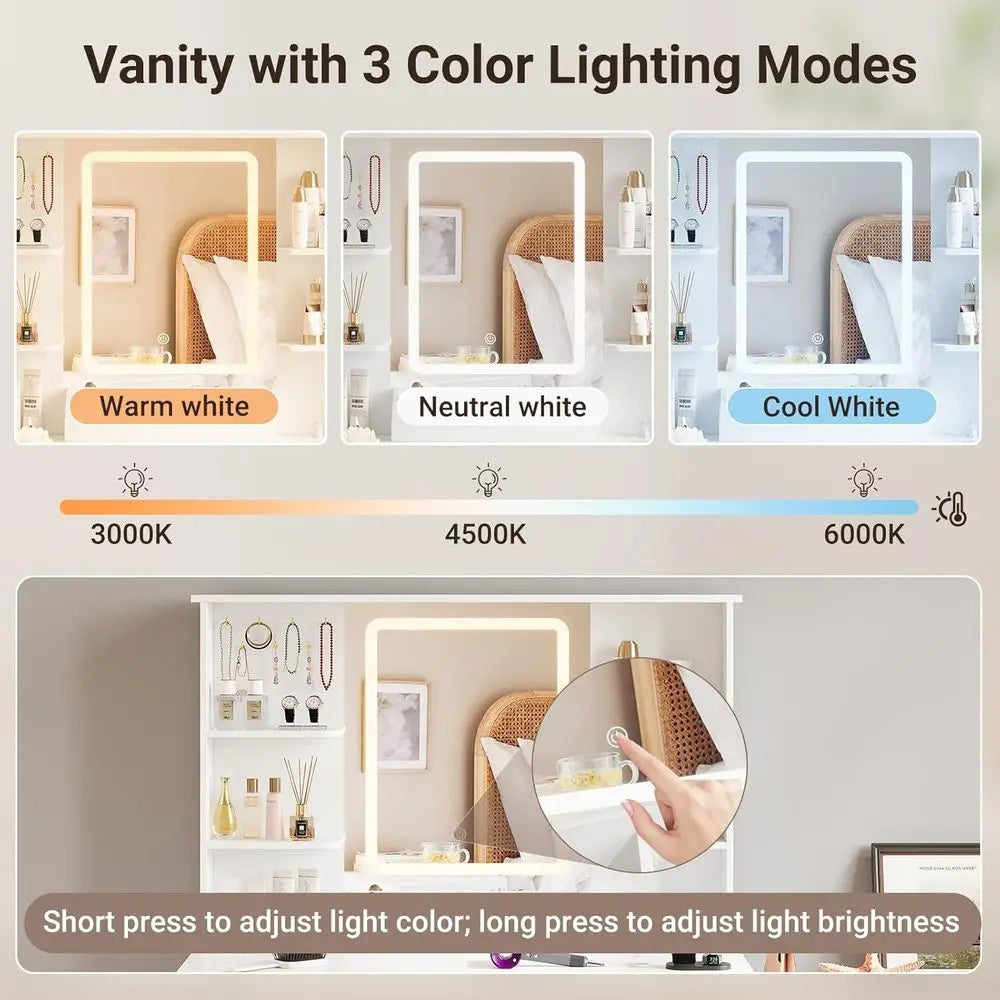 Lighted Mirror Makeup Vanity Table with Power Outlet and Storage, White