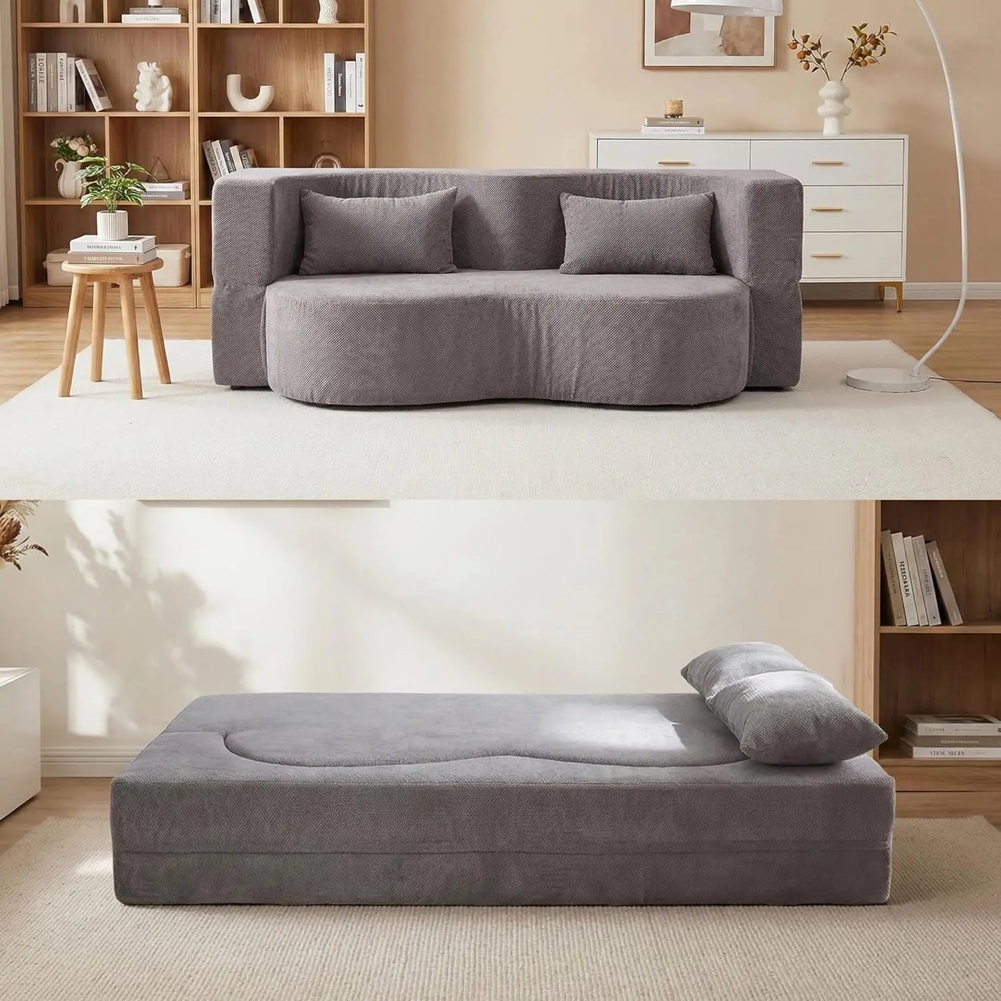 Queen Convertible Sofa Bed 2-in-1 Teddy Fabric Folding Floor Couch Mattress Living Room Guest Room No Assembly Pink, Customized