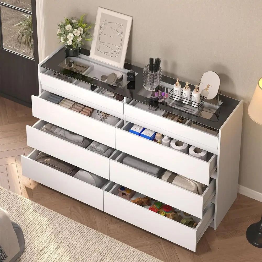 8-Drawer Dresser with Glass Top and LED Lighting for Bedroom, Storage, and Living Room