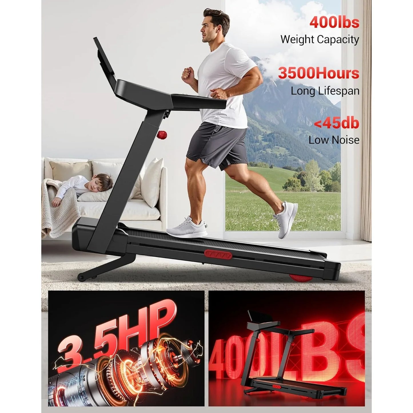 Fitness Treadmill with 20% Auto Incline, 42.5"×16.2" Extra-Wide Running Area, 400LB Capacity, 3.5HP Quiet Brushless, Customized