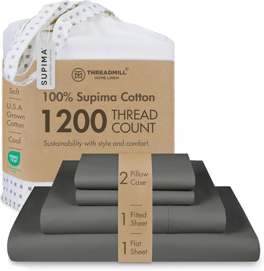 100% Supima Cotton Sheets, Luxury 1200 Thread Count Cotton Sheets for King Size Bed, 4 Pc Dark Grey King Bed Sheet Set, 5-Star H