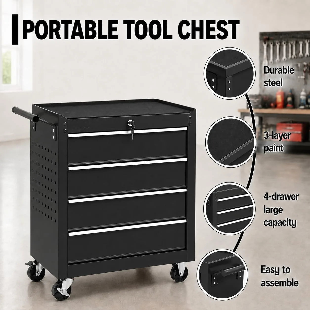 4 Drawer Rolling Tool Chest Portable Carbon Steel Storage Organizer