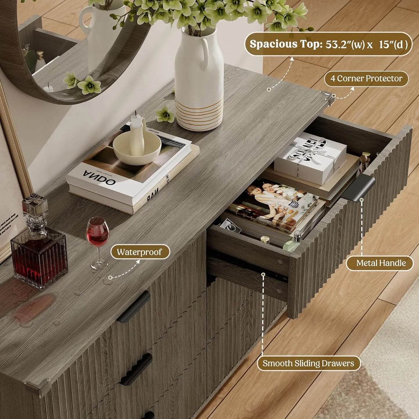 6-Drawer Fluted Wood Dresser Storage Organizer for Bedroom Living Room Closet Hallway 53.2in Dark Grey Oak, Customized