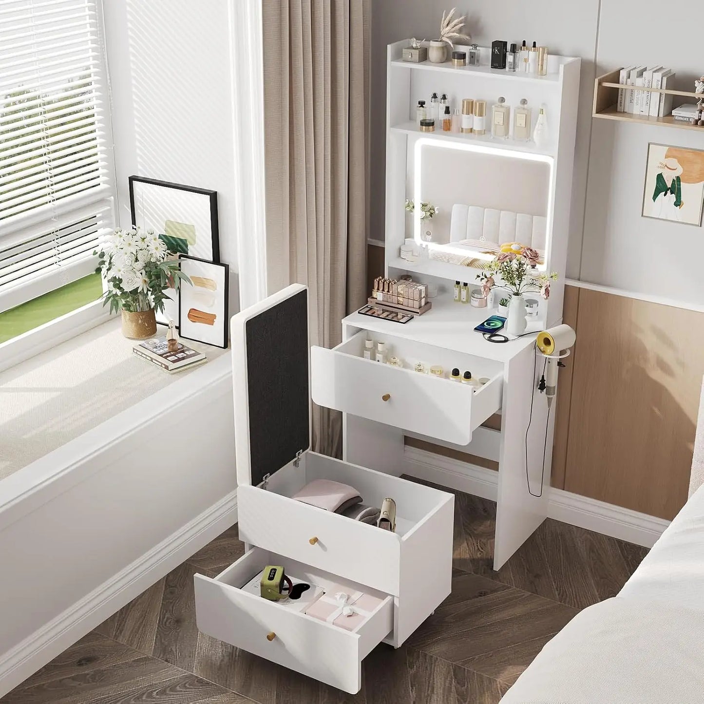 White Vanity Desk with Mirror & Lights Charging Station Small Makeup Table Bedroom, Customized