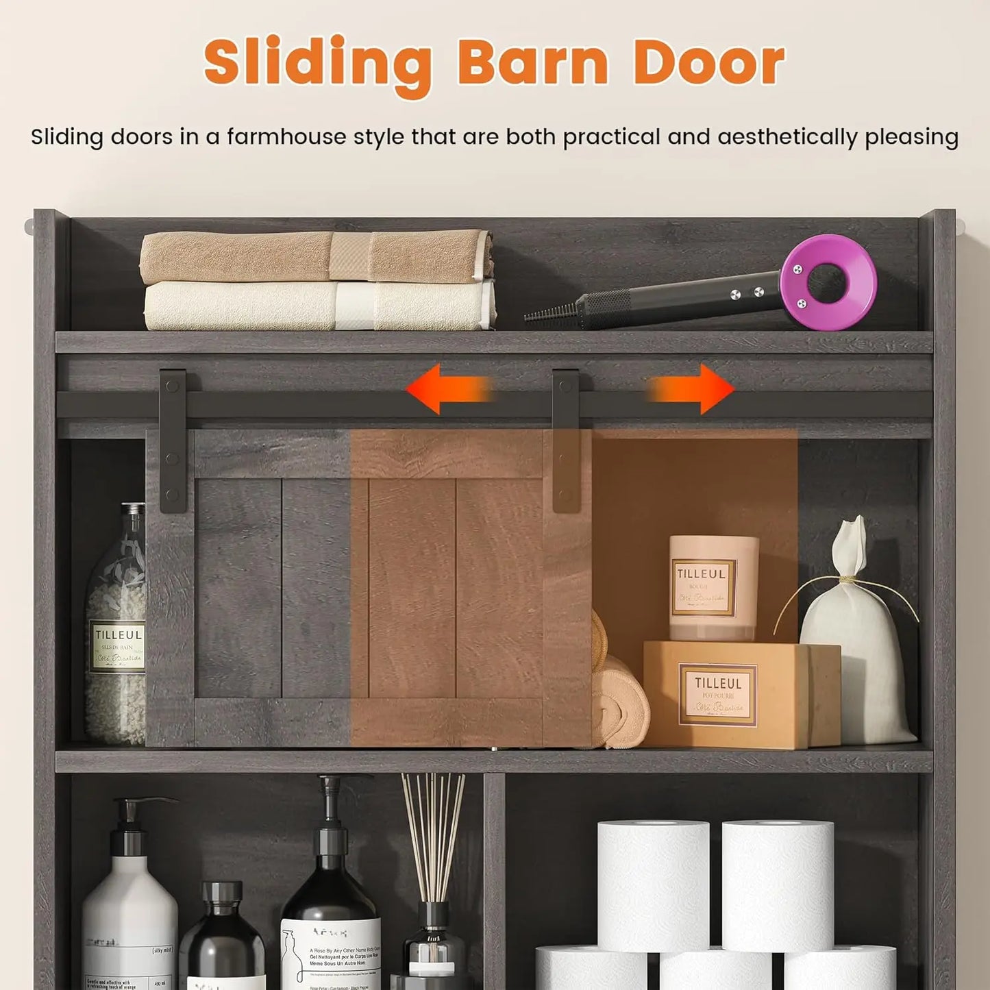 Over The Toilet Storage Cabinet, Over The Toilet Shelf with Sliding Door & Toilet Paper Holder Stand, Bathroom, Customized