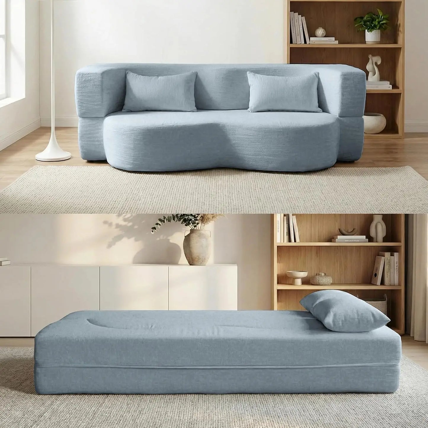 Queen Convertible Sofa Bed 2-in-1 Teddy Fabric Folding Floor Couch Mattress Living Room Guest Room No Assembly Pink, Customized