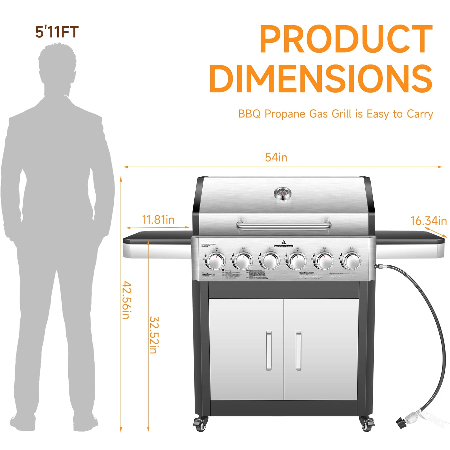 6 Burner Propane Gas Grill, 60000 BTU Cabinet Outdoor BBQ with Warming Rack, Stainless Steel Panel, Large 643 Sq In Cooking Area