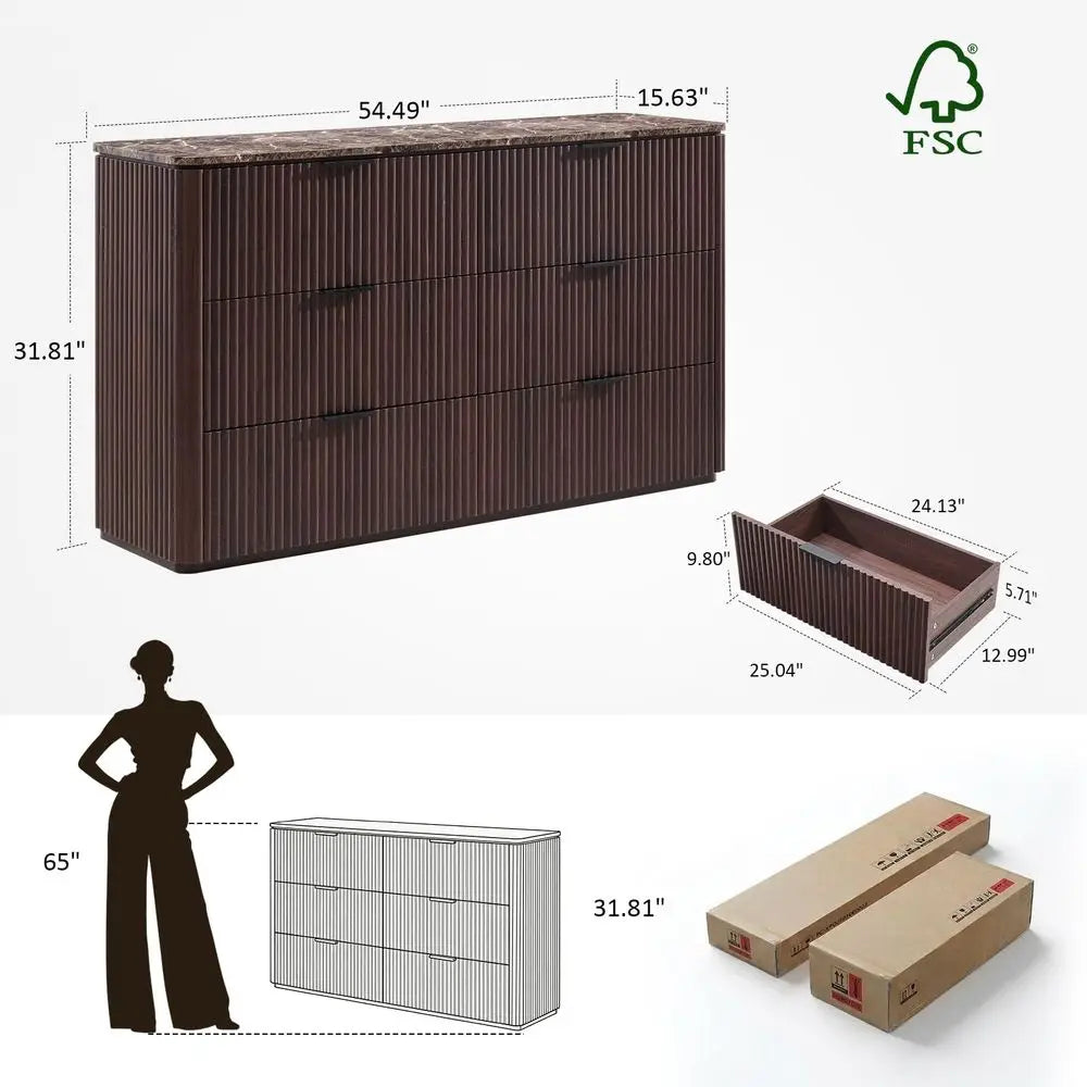 for Bedroom with 6 Drawers, 54W Chest of Drawers, Fluted Dresser with Faux Marble Top, Curved Profile Design, Metal Handle, Woo