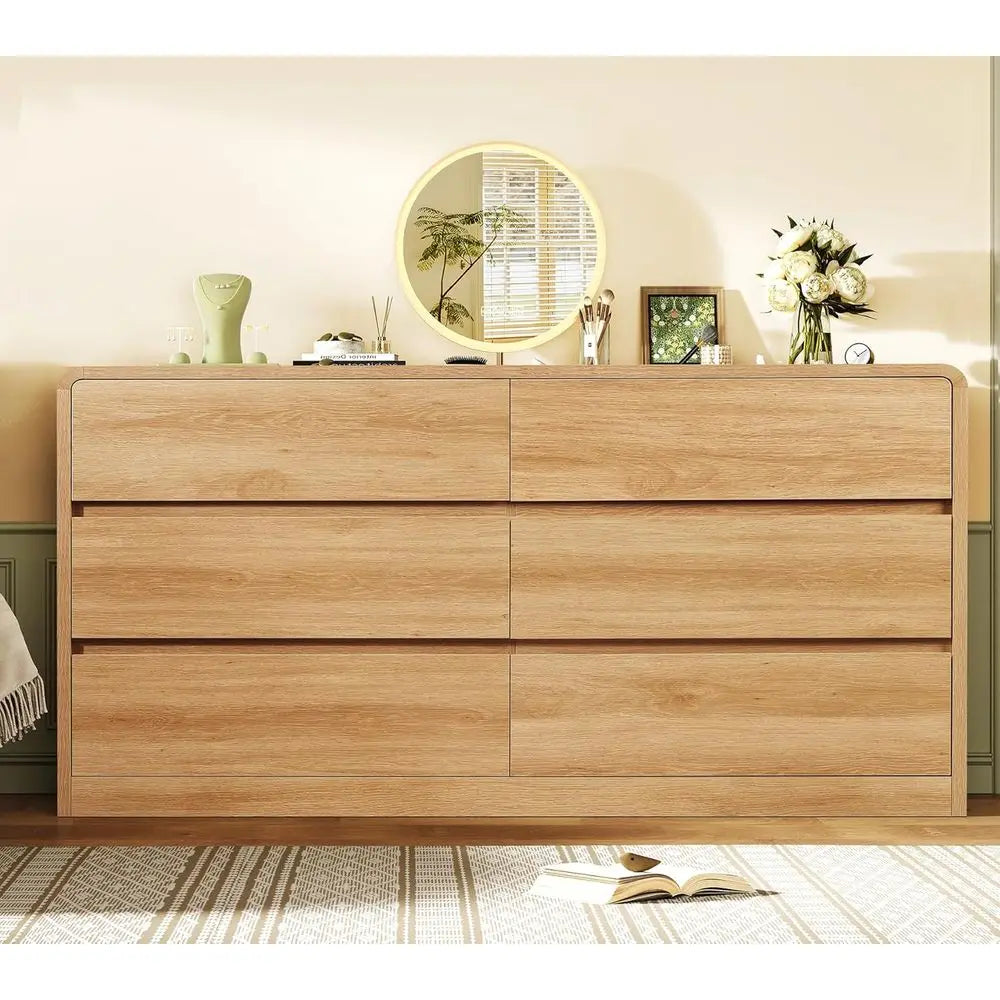 55 Curved Profile 6-Drawer Bedroom Dresser with Chests, Suitable for Natural Wood Finish