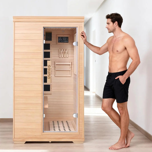 1-Person Low EMF Far Infrared Sauna for Home Use, 1050W Canadian Hemlock Wood Sauna with Bluetooth Music & Color, Customized