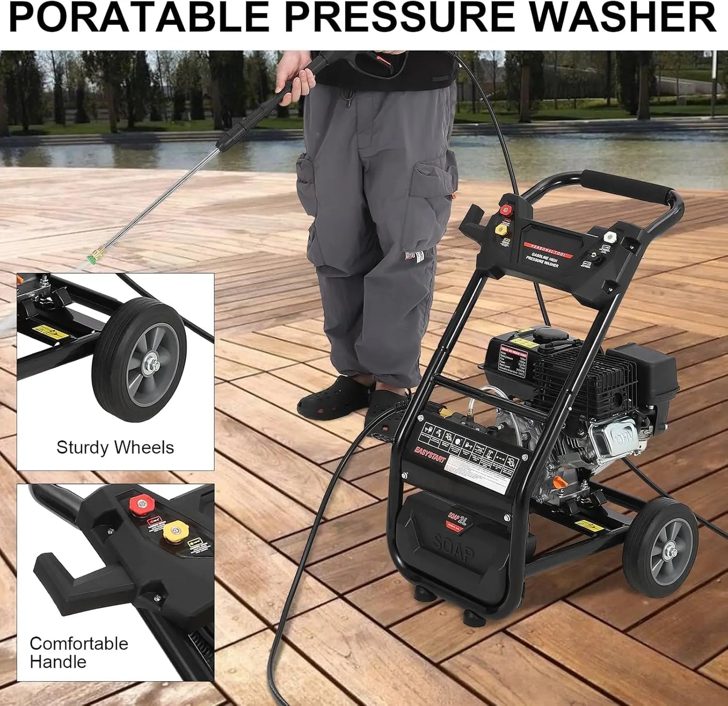 Gas Pressure Washer 3600PSI, 2.6GPM Gas Power Washer, High Pressure Wash Machine with Spray Gun,Hose&5 Quick Nozzle for Cleaning