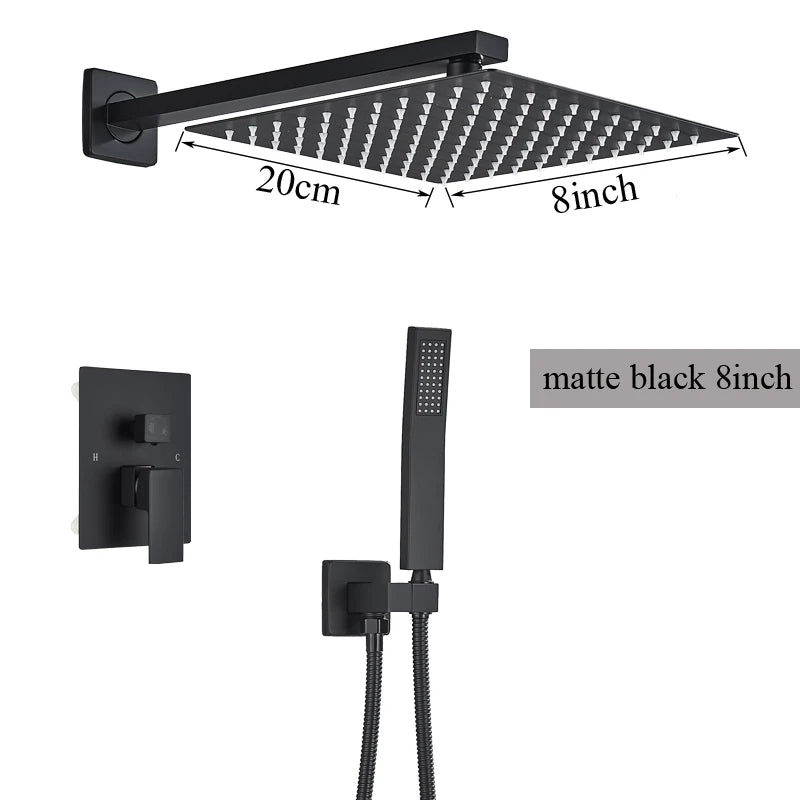 2/3 Way Black In Wall System Faucet For Bathe Bathroom Mixer Tap Rainfall 8/10/12/16inch Concealed Shower Faucet System Tap