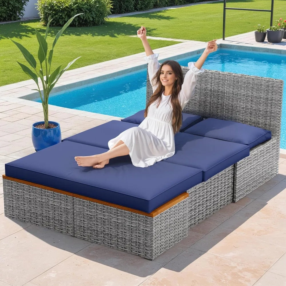 Guangbai Patio Day Bed Set Outdoor Rattan Lounge With Tables