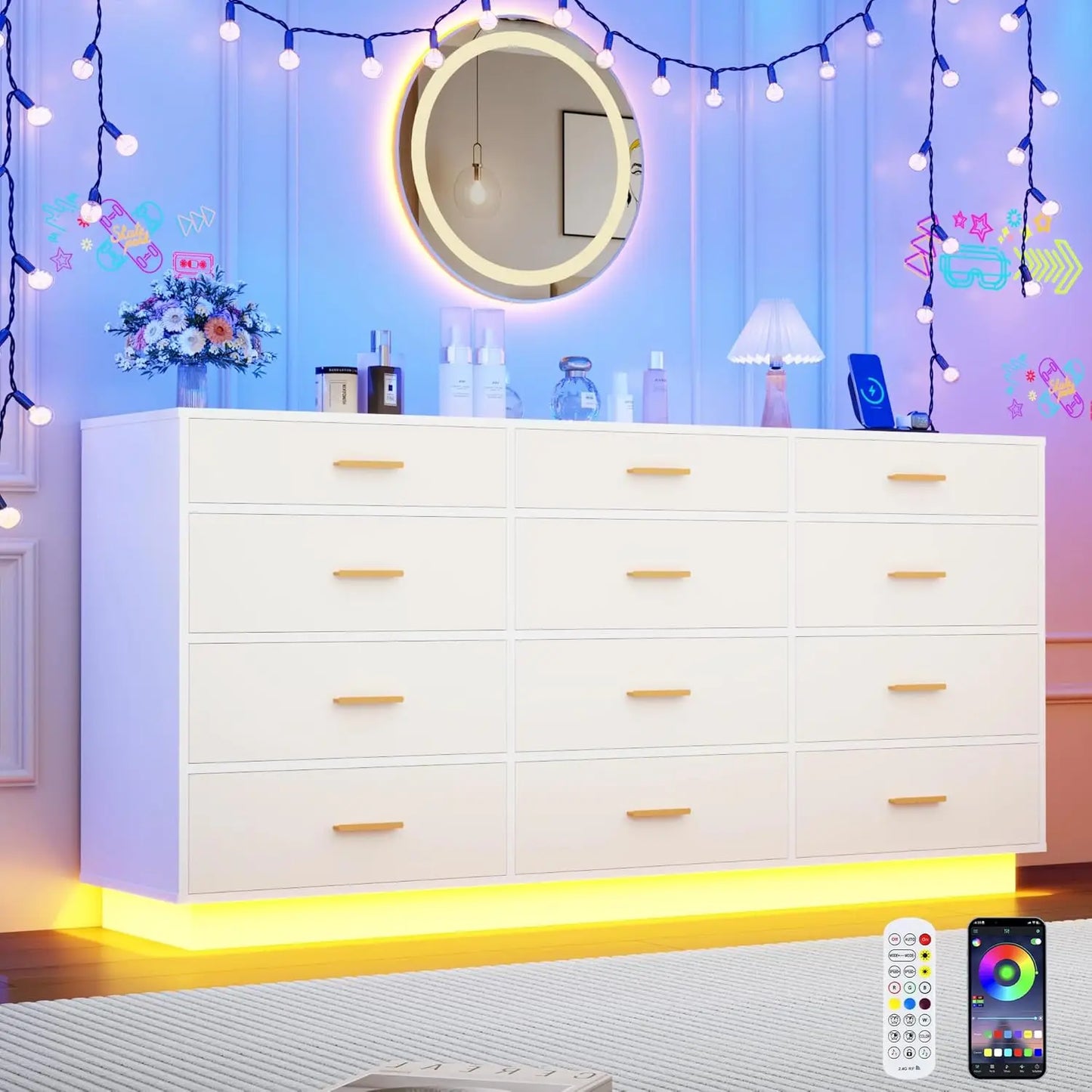 12 Drawer Dresser with Power Outlets LED Lights 63inch Tall Wood Storage for Bedroom Closet, Customized
