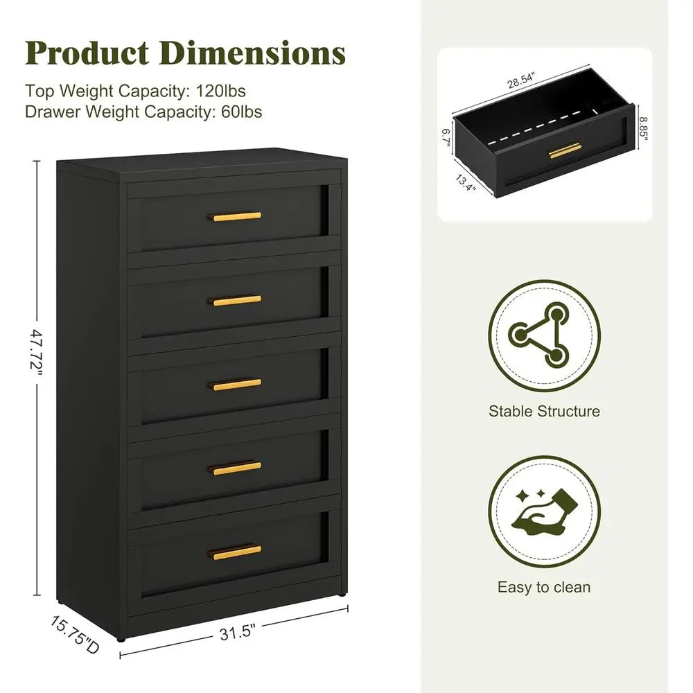 5-Drawer Metal Dresser or Bedroom, Tall Black and Gold Dresser or Closet, Metal Chest of Drawers or Living Room, Hallway, Office