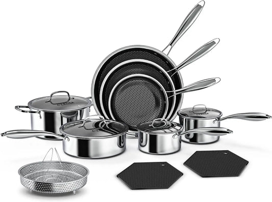 Nonstick Pots and Pans Set 14 Piece Hybrid Hex Non Stick Stainless Steel Cookware with Frying Pans Saute Pan Saucepans Stock