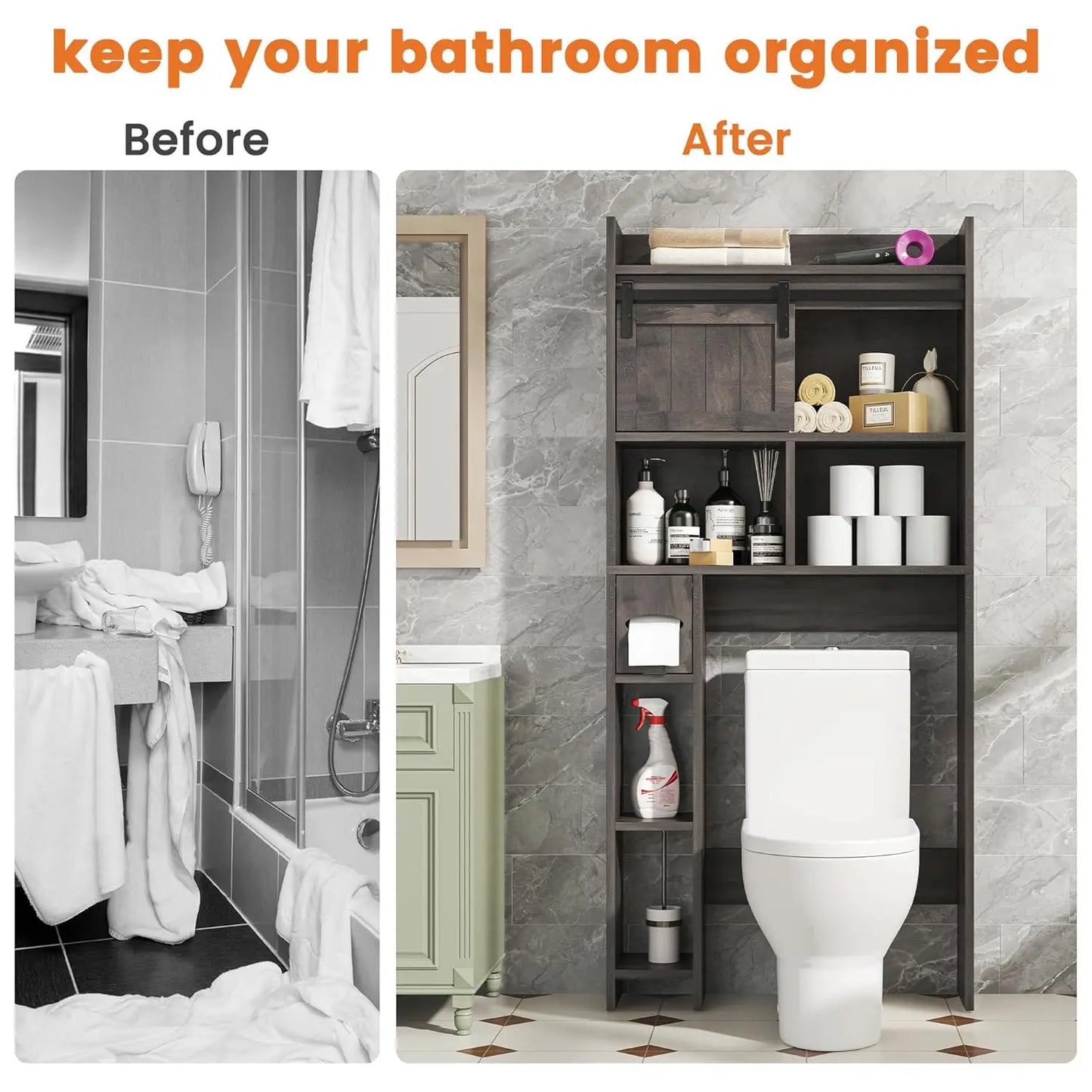 Over The Toilet Storage Cabinet, Over The Toilet Shelf with Sliding Door & Toilet Paper Holder Stand, Bathroom, Customized