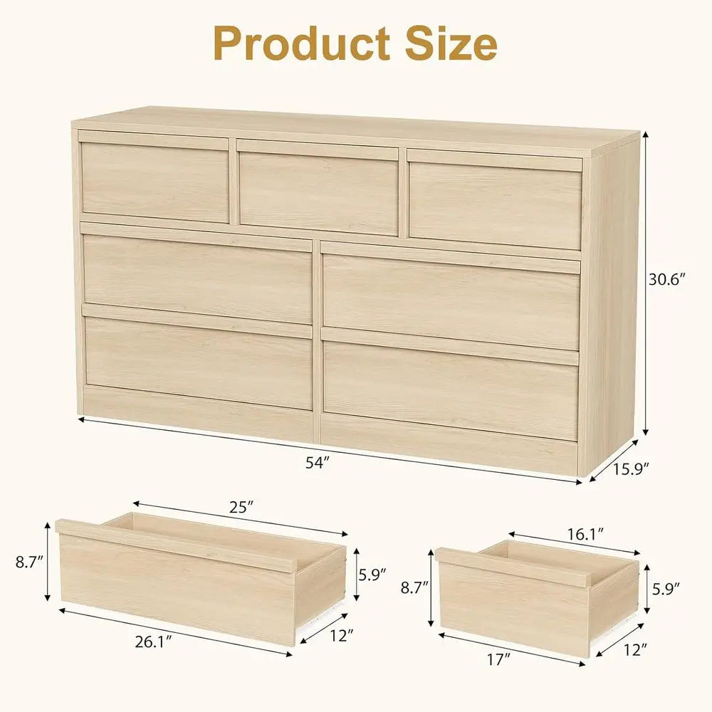 7 Drawer Dresser for Bedroom, 54in Wide Natural Oak 7 Chest of Drawers with Large Storage, Wooden Dresser Organizer for Living R