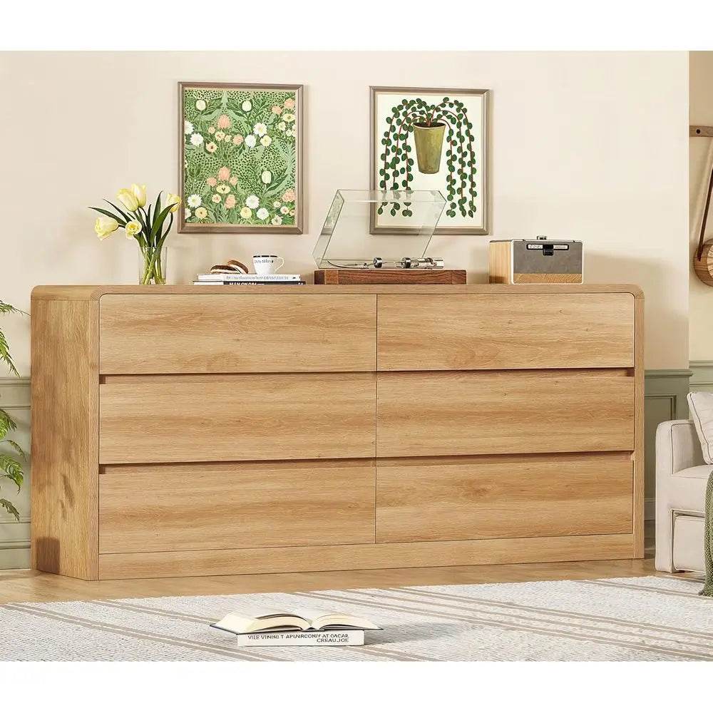 55 Curved Profile 6-Drawer Bedroom Dresser with Chests, Suitable for Natural Wood Finish