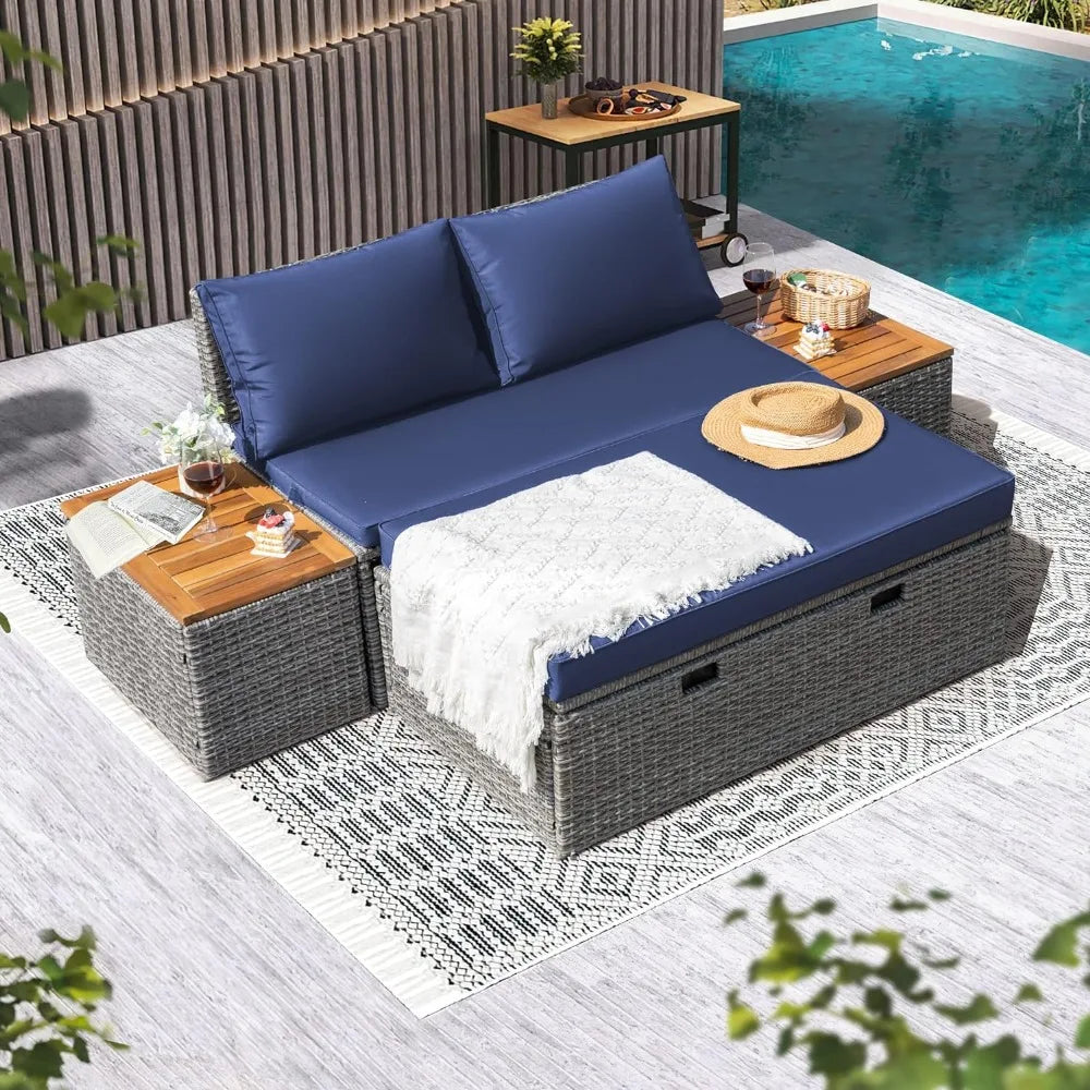 Guangbai Patio Day Bed Set Outdoor Rattan Lounge With Tables