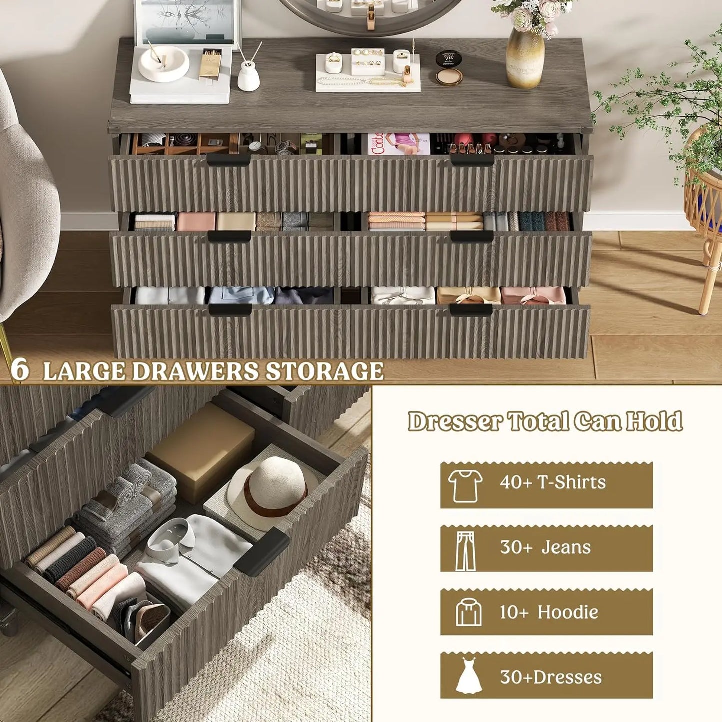 6-Drawer Fluted Wood Dresser Storage Organizer for Bedroom Living Room Closet Hallway 53.2in Dark Grey Oak, Customized