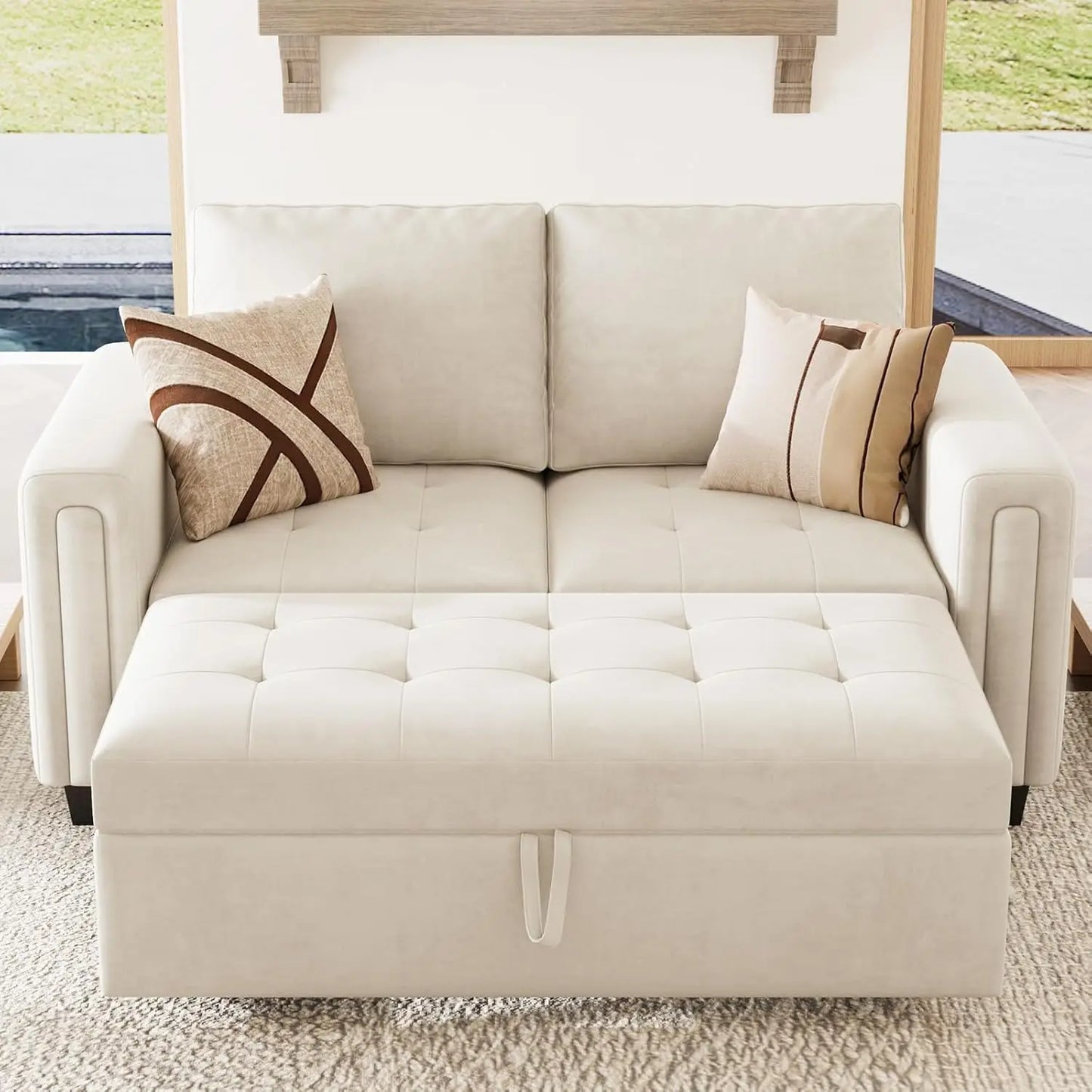 Modular Sectional Sleeper Sofa Pull Out Bed Velvet Living Room Apartment Beige, Custom