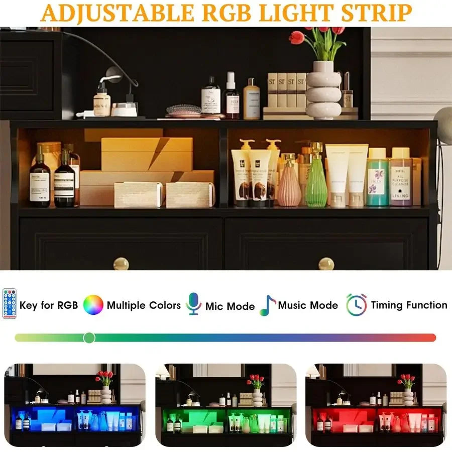 58.6 Large Vanity Desk with Sliding Mirror amp Lights, Black Makeup Vanity Table amp Nightstand Combo with Power Outlet and 6 D