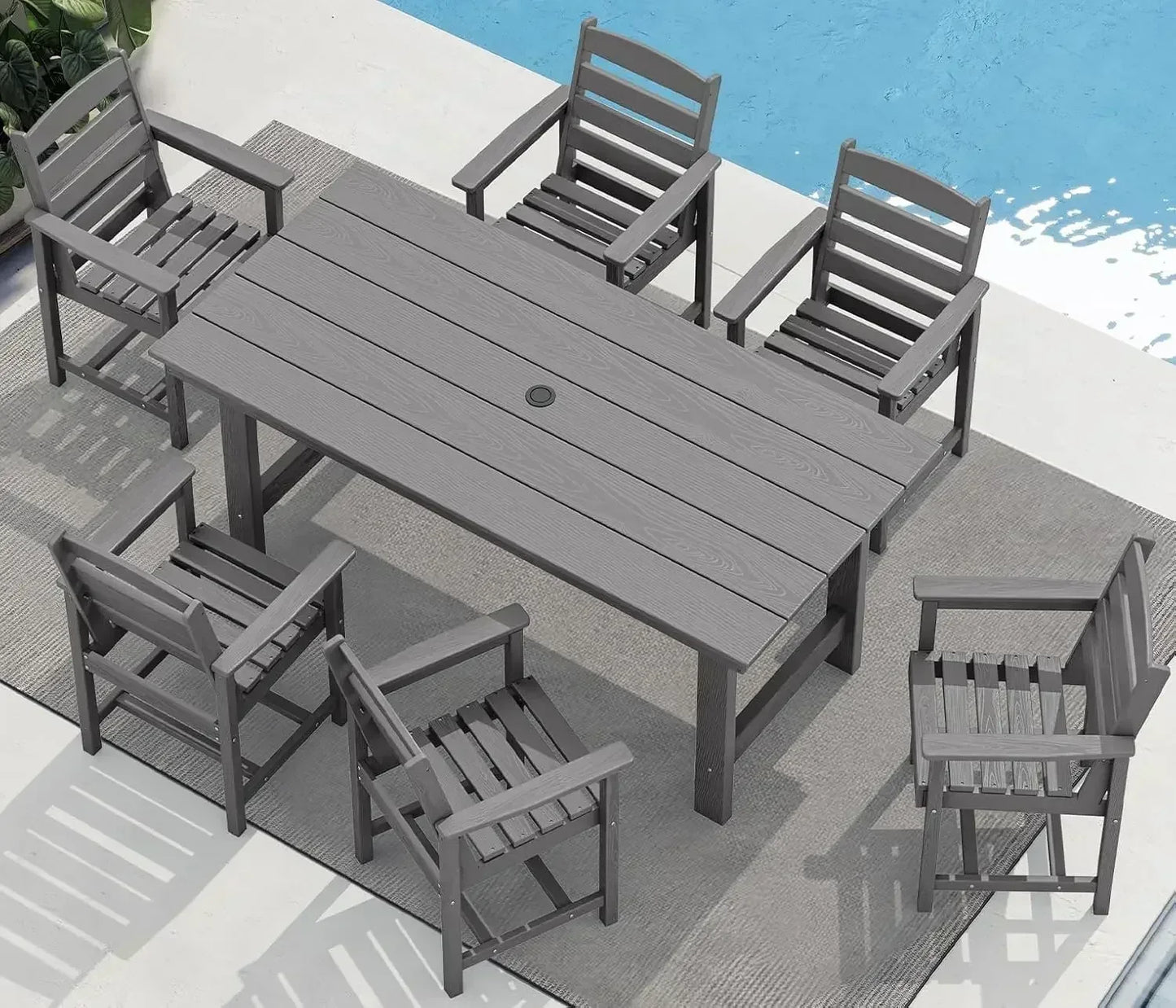 XMSJ 7-Piece Outdoor HDPE Dining Table Set With Umbrella Hole