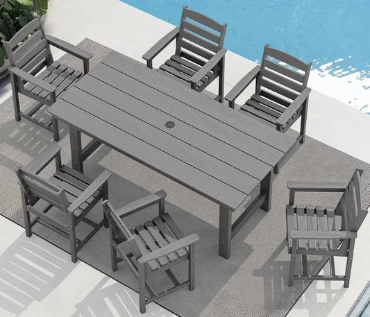 XMSJ 7-Piece Outdoor HDPE Dining Table Set With Umbrella Hole