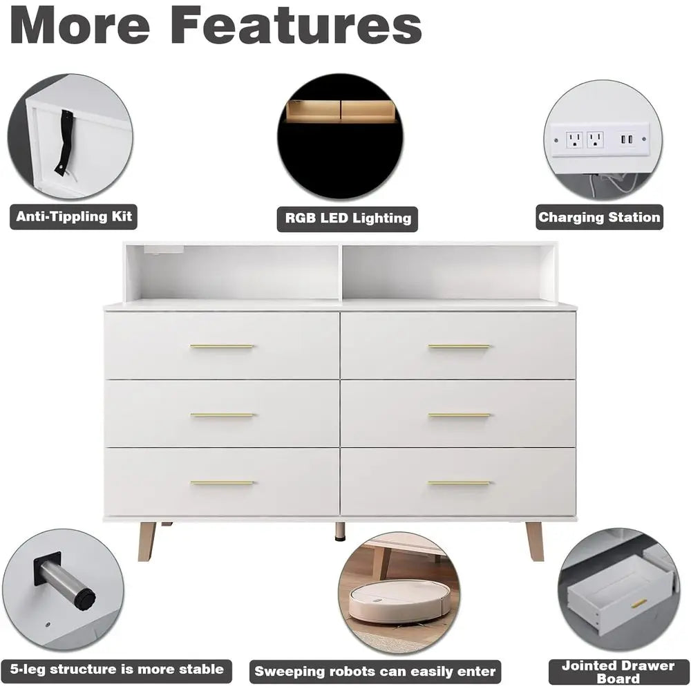 6 Drawer Dresser with LED Light and Power Outlet, Wooden White Dressers for Bedroom and Chests of Drawers, Large Double Dressers